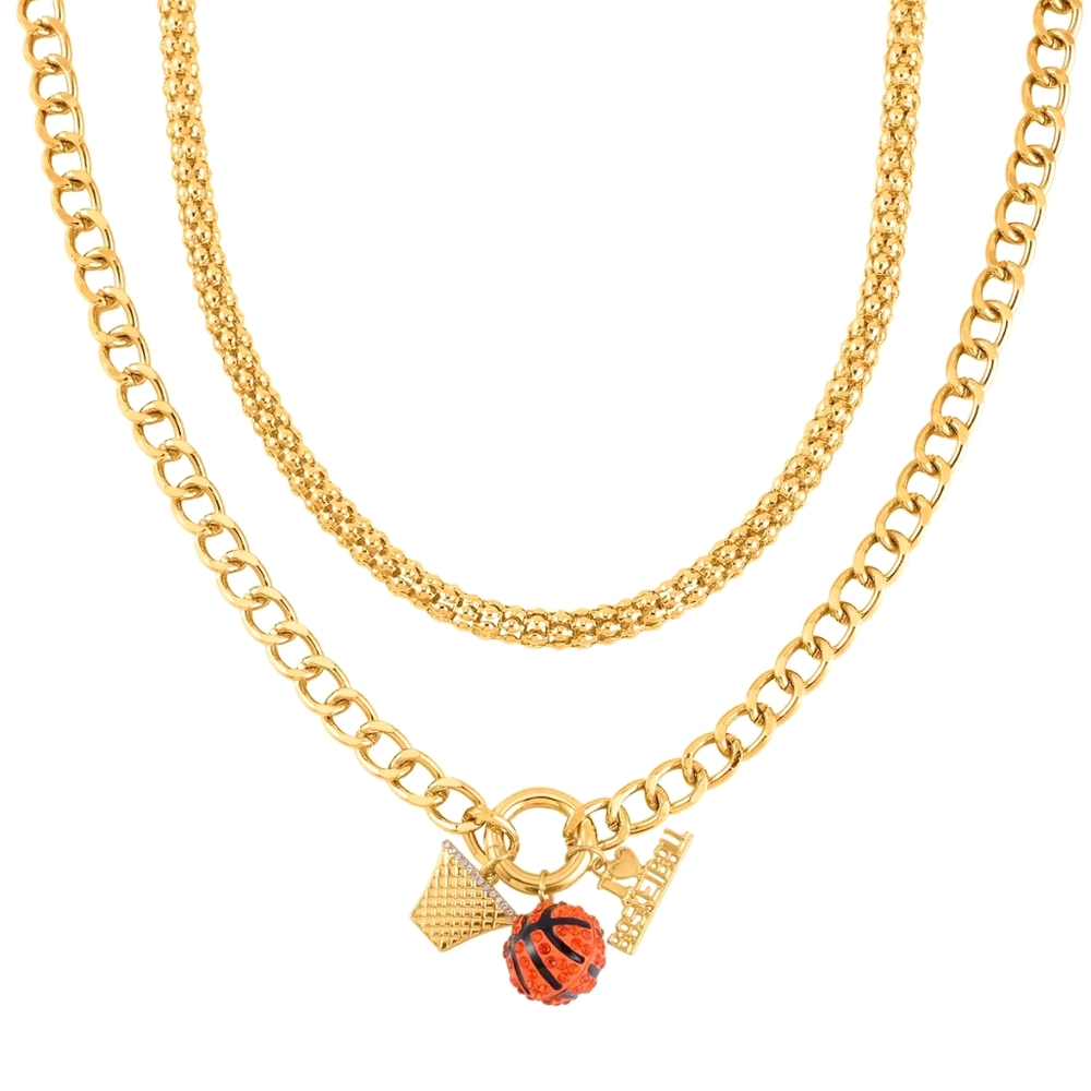 Gold Layered Necklace with Orange Austrian Crystals And Enameled Basketball